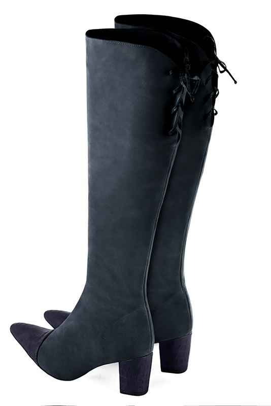 Navy blue women's knee-high boots, with laces at the back. Tapered toe. Medium block heels. Made to measure. Rear view - Florence KOOIJMAN